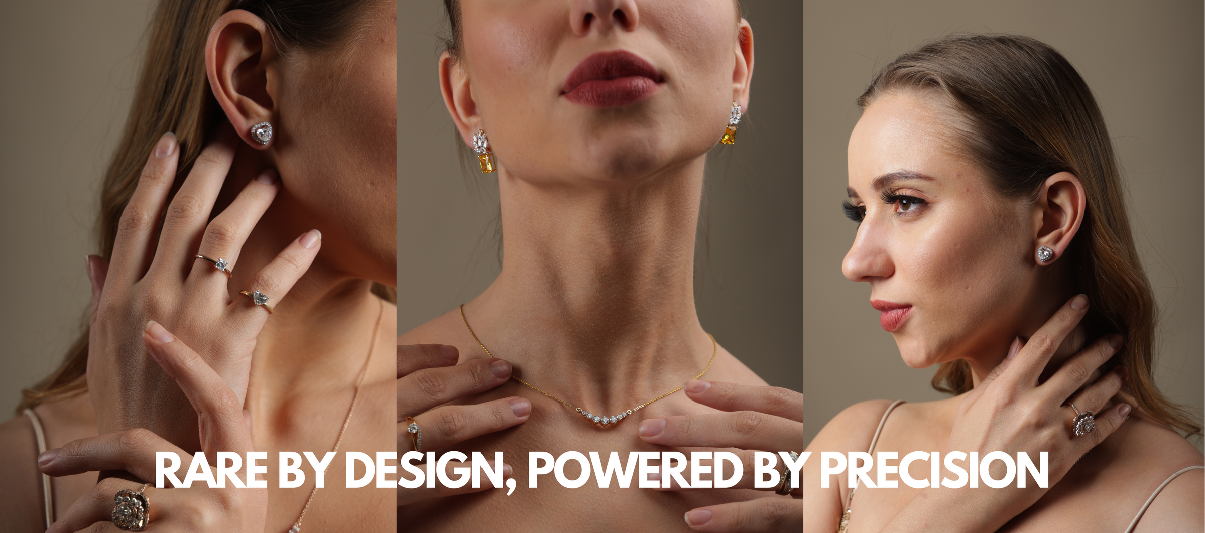 Collage of a woman wearing jewelry with 'Rare by Design, Powered by Precision' text.