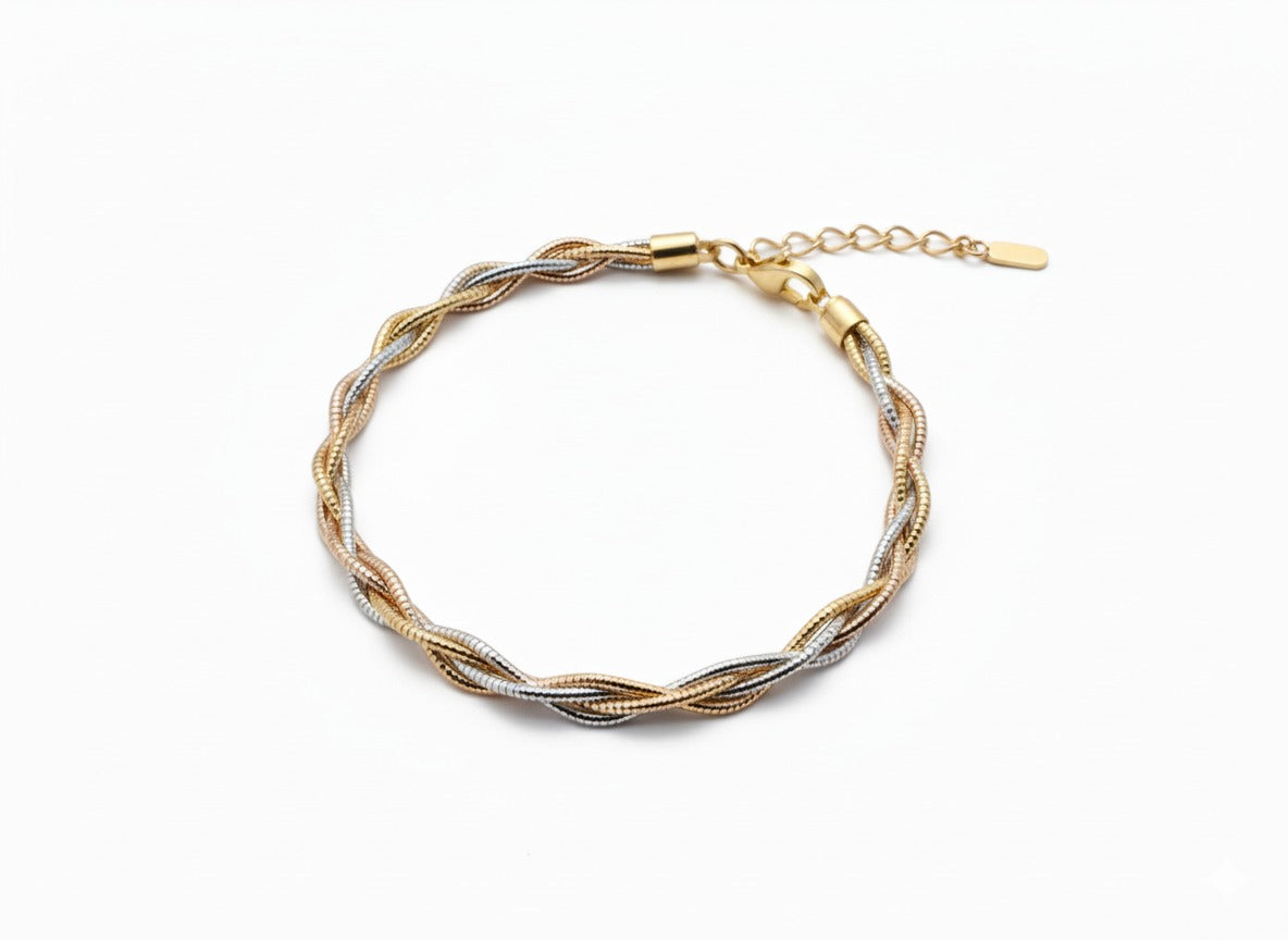 Close up of Tri-Tone Weave Bracelet in BIS Hallmarked Gold | RareCut Lab Grown Diamonds