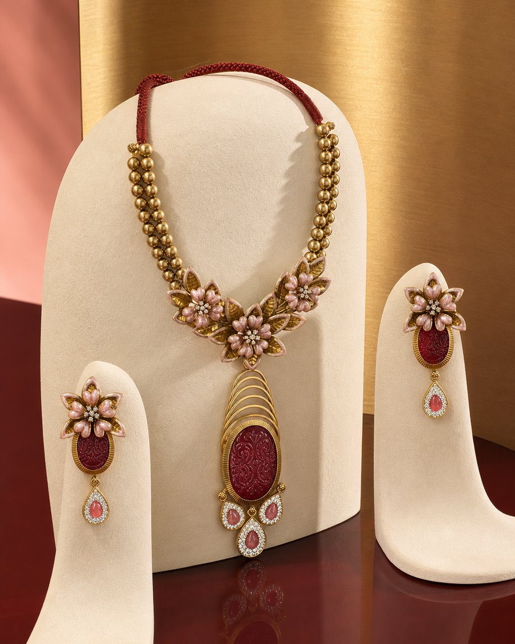 Crimson Cameo Collar Necklace Set – full set