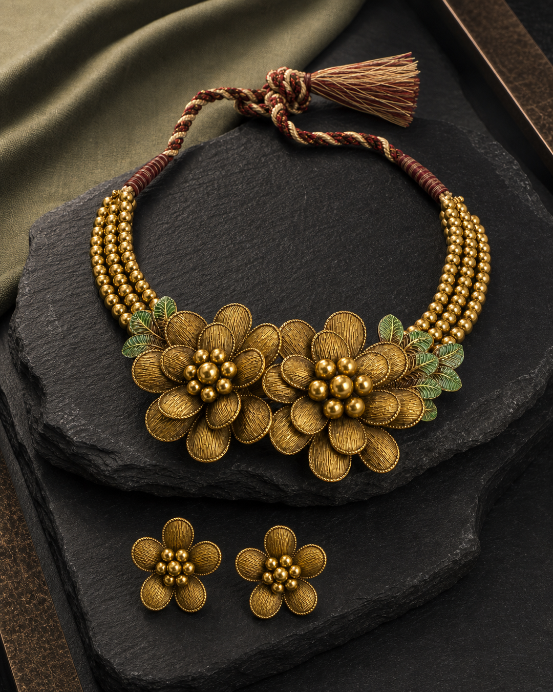 Gilded Twin Bloom Collar Necklace Set – full set